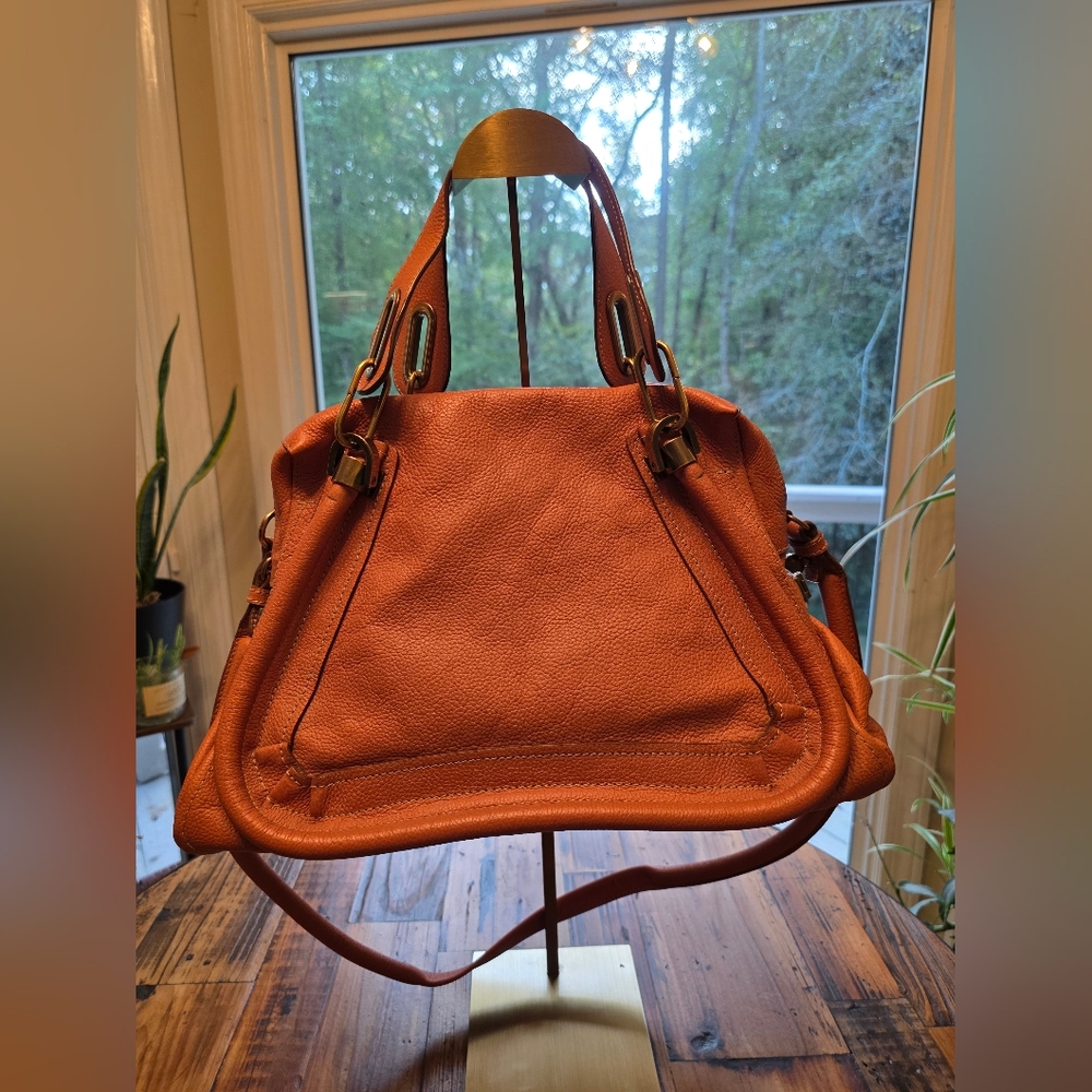 🧡 Authenticated Chloé Paraty Medium Satchel Bag in Orange Leather Suntan - Picture 2 of 16